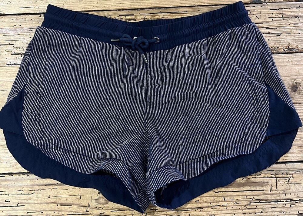 Athleta Beachside Bali Linen Shorts Womens Sz 10 Navy Pull On Pockets Drawstring